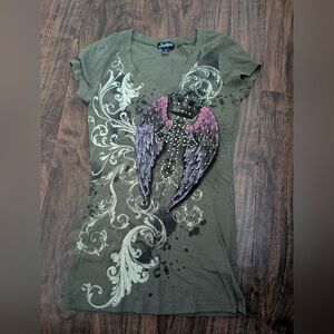 South Pole S Olive Graphic Tee with Embellished Wings Soft Stretch Cotton